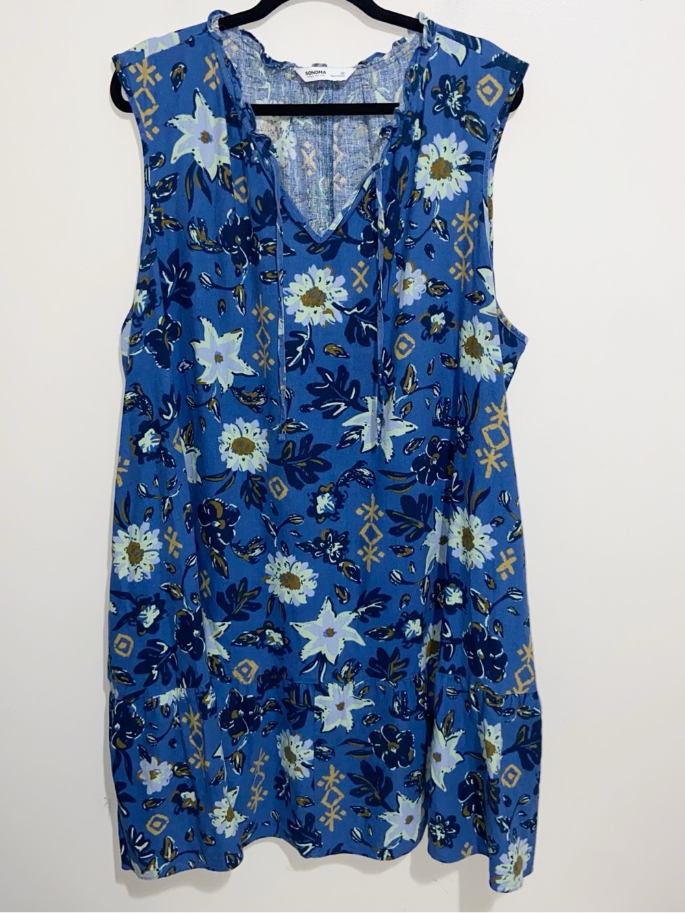 Sonoma Dress Womens Plus Size 3X Blue Floral Pockets A-line Beach Boho Linen Bl